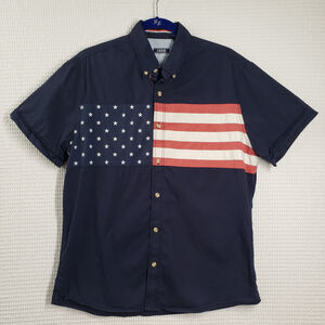 Izod American Flag Button Down Shirt Mens Medium Blue Short Sleeve Patriotic USA